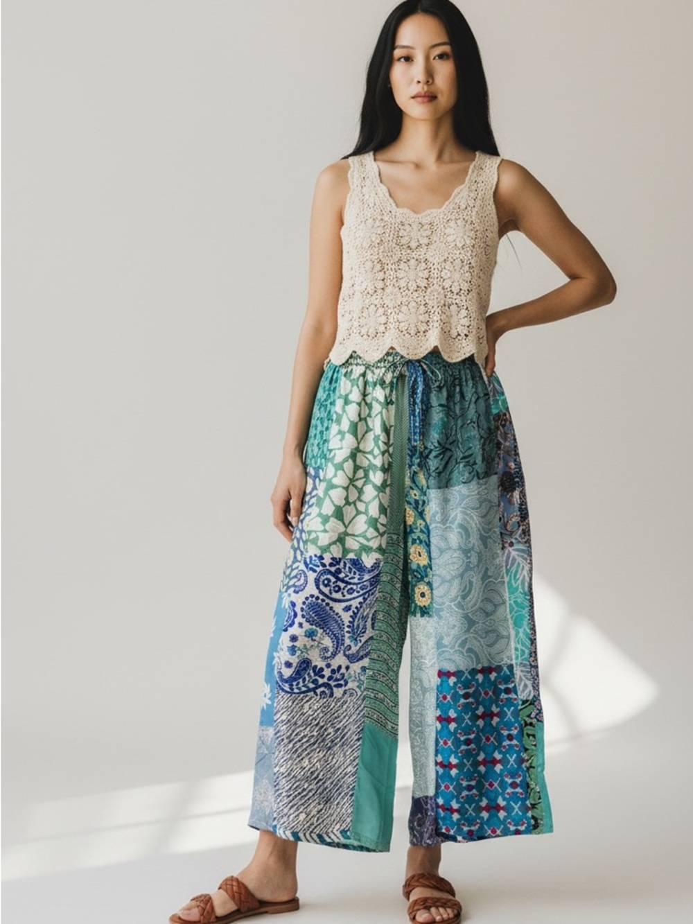 627. Assorted print wide leg smocked waist boho pant - Picture 10 of 13